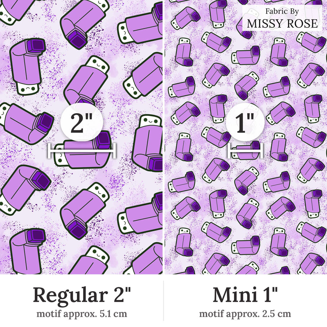 Design 235 Purple Asthma Fabric Regular 2 inch vs Mini 1 inch print scale side by side | Fabric by Missy Rose