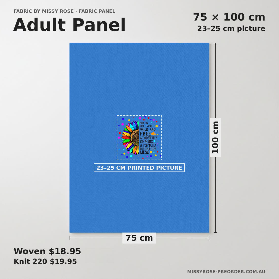 Design 236 Inspirational Panel adult panel sizing – 23–25 cm printed picture on 75 × 100 cm fabric | Fabric by Missy Rose