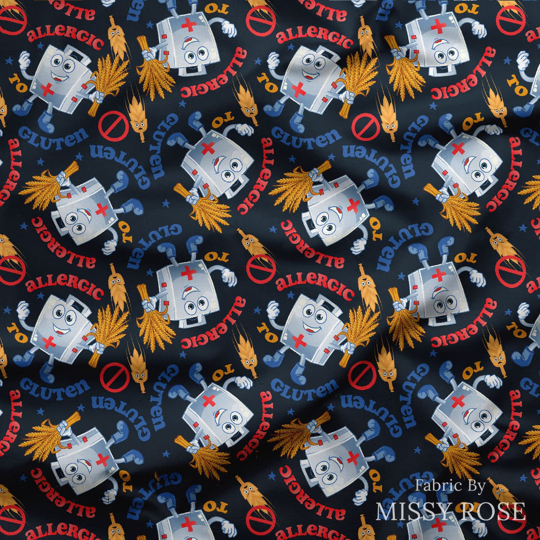Design 237 Gluten Allergy Fabric draped fabric mockup – custom printed fabric by the metre | Fabric by Missy Rose