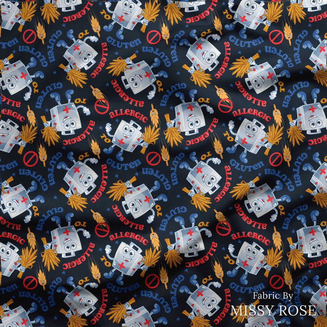 Design 237 Gluten Allergy Fabric draped fabric mockup – custom printed fabric by the metre | Fabric by Missy Rose