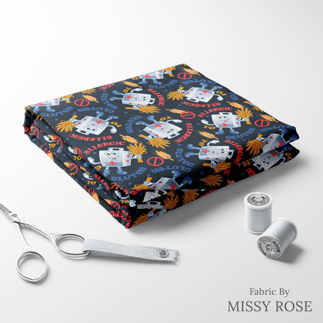 Design 237 Gluten Allergy Fabric folded fabric stack with matching thread – pre-order fabric Australia | Fabric by Missy Rose