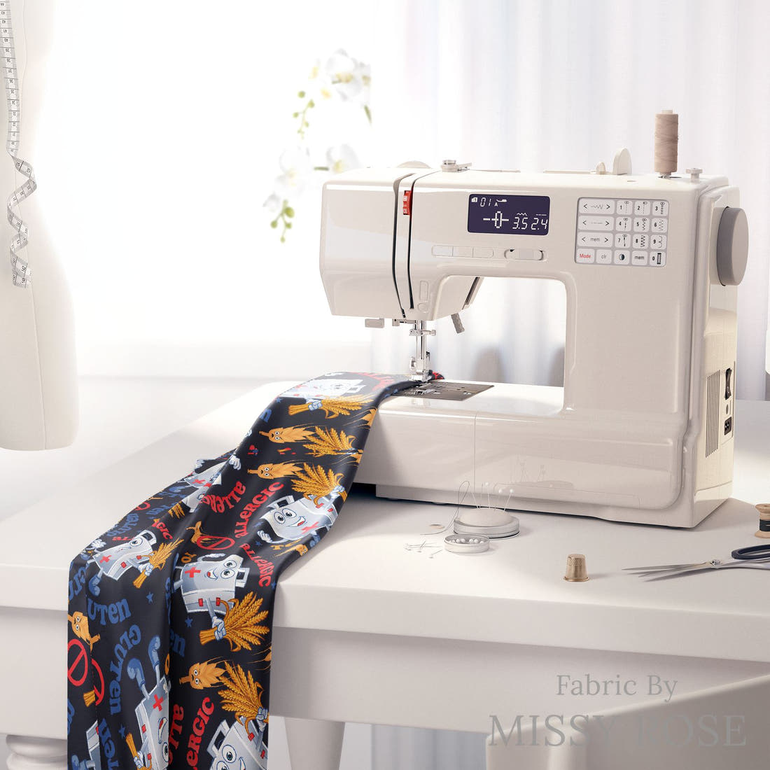 Design 237 Gluten Allergy Fabric on a sewing machine – premium fabric for sewing projects | Fabric by Missy Rose