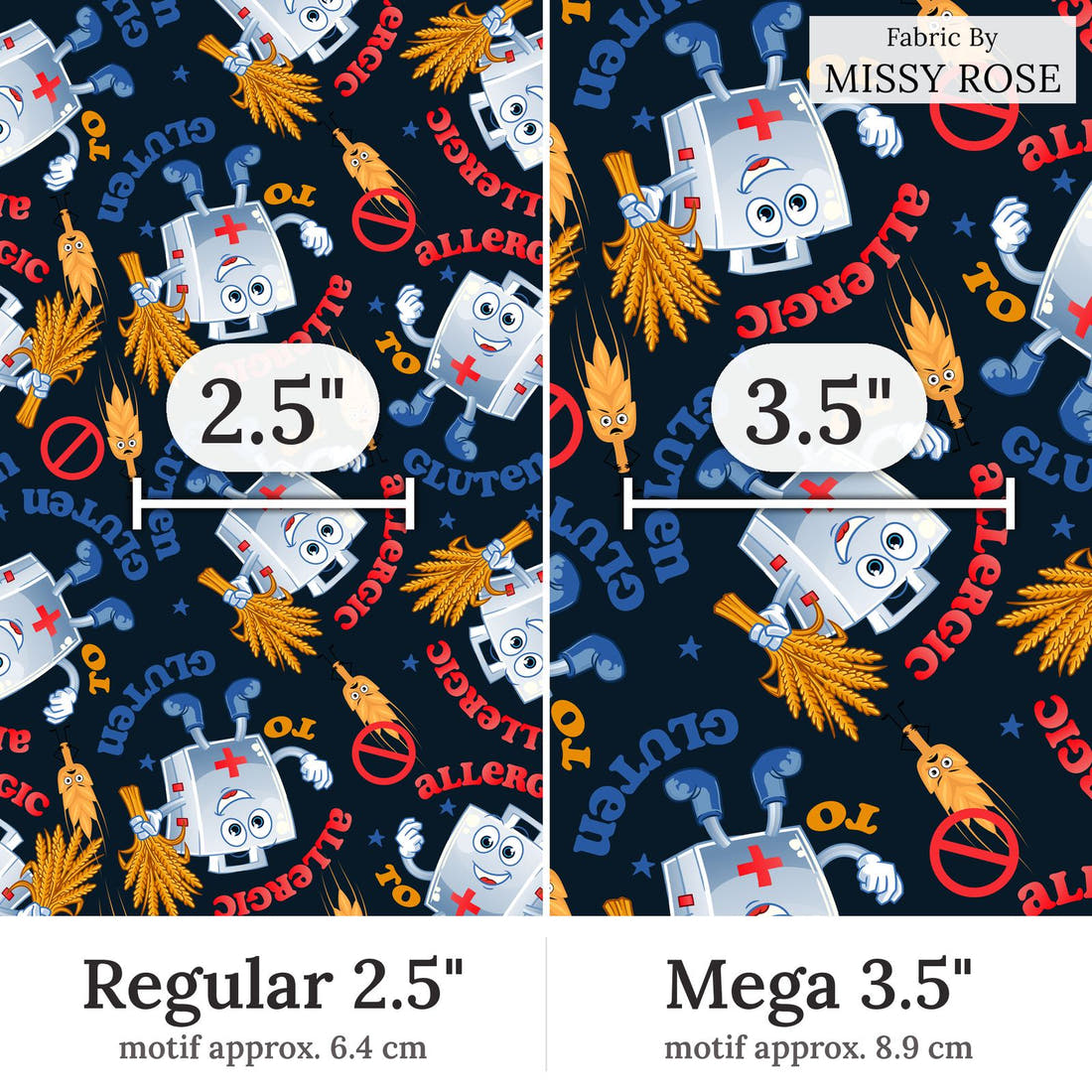 Design 237 Gluten Allergy Fabric Regular 2.5 inch vs Mega 3.5 inch print scale side by side | Fabric by Missy Rose