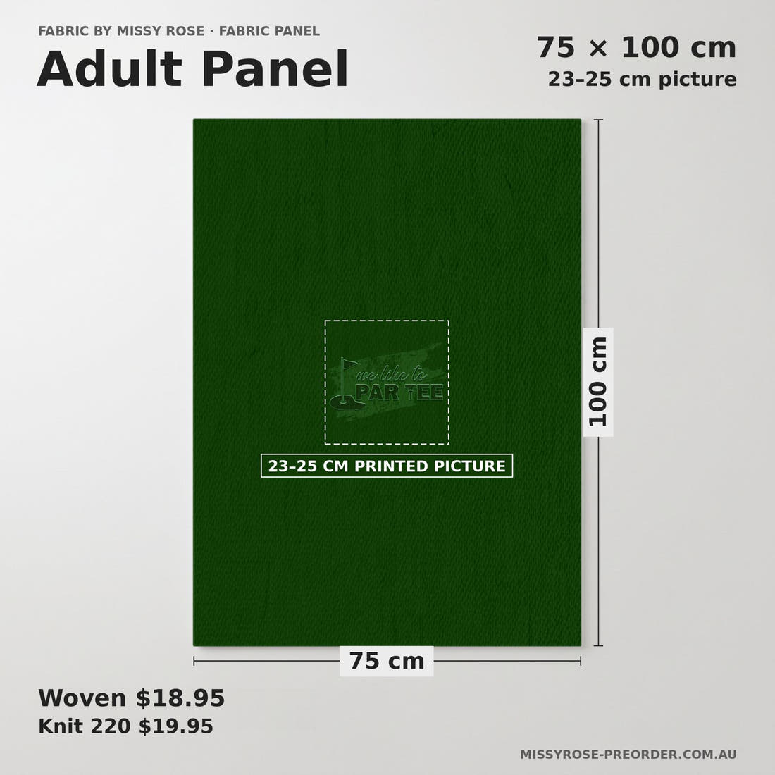 Design 238 Par Tee Panel adult panel sizing – 23–25 cm printed picture on 75 × 100 cm fabric | Fabric by Missy Rose