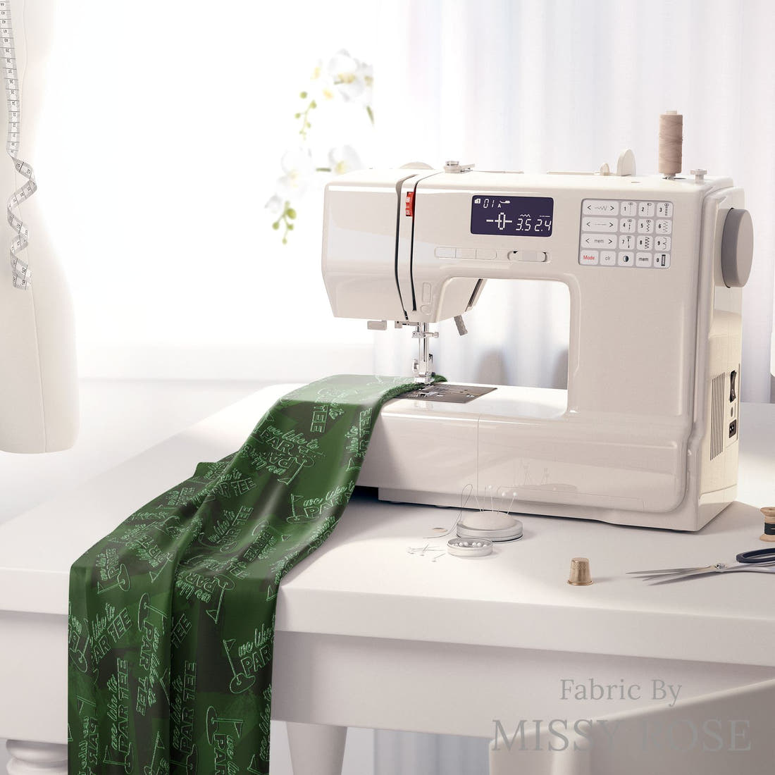 Design 238 Par Tee Fabric on a sewing machine – premium fabric for sewing projects | Fabric by Missy Rose