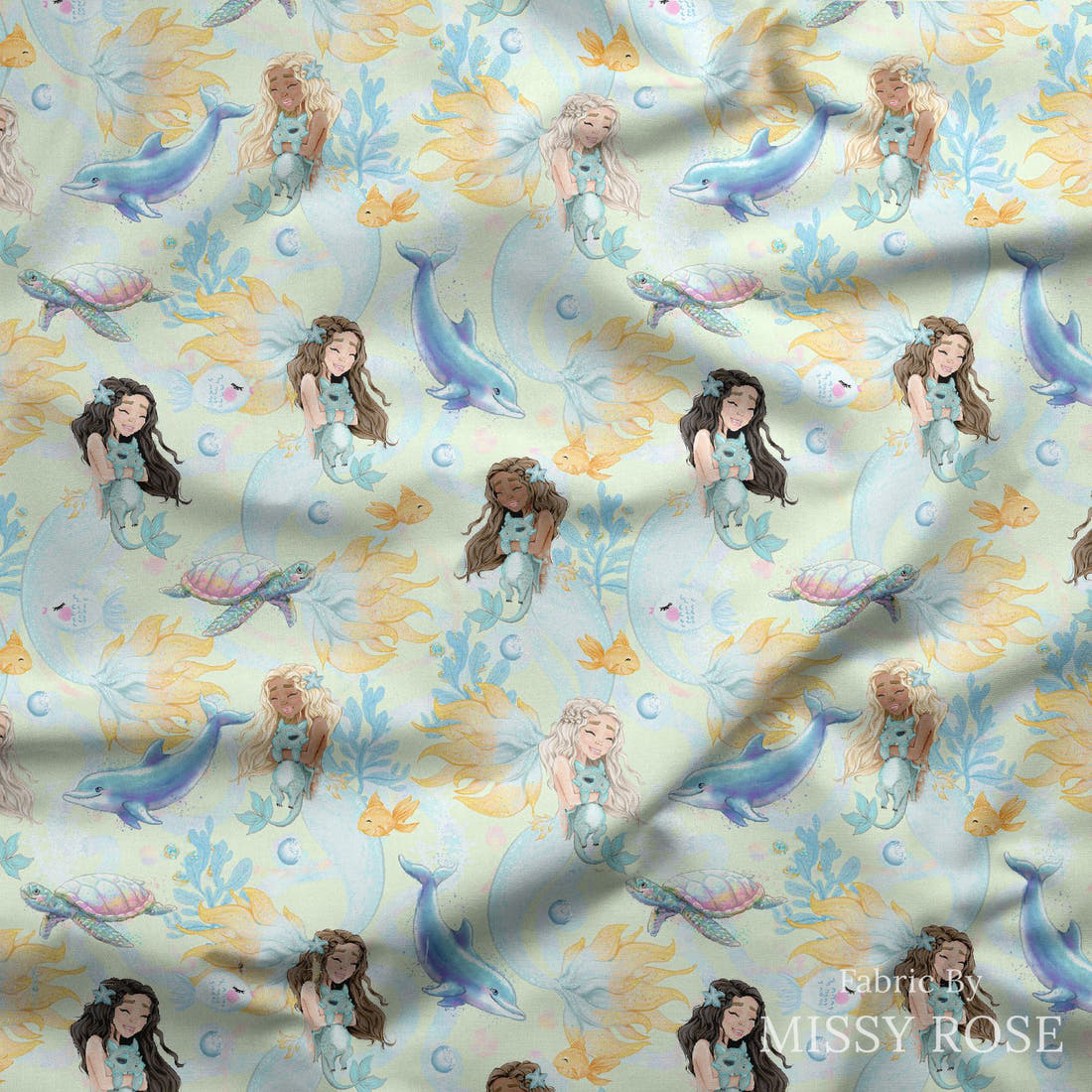 Design 239 Mermaid Fabric draped fabric mockup – custom printed fabric by the metre | Fabric by Missy Rose