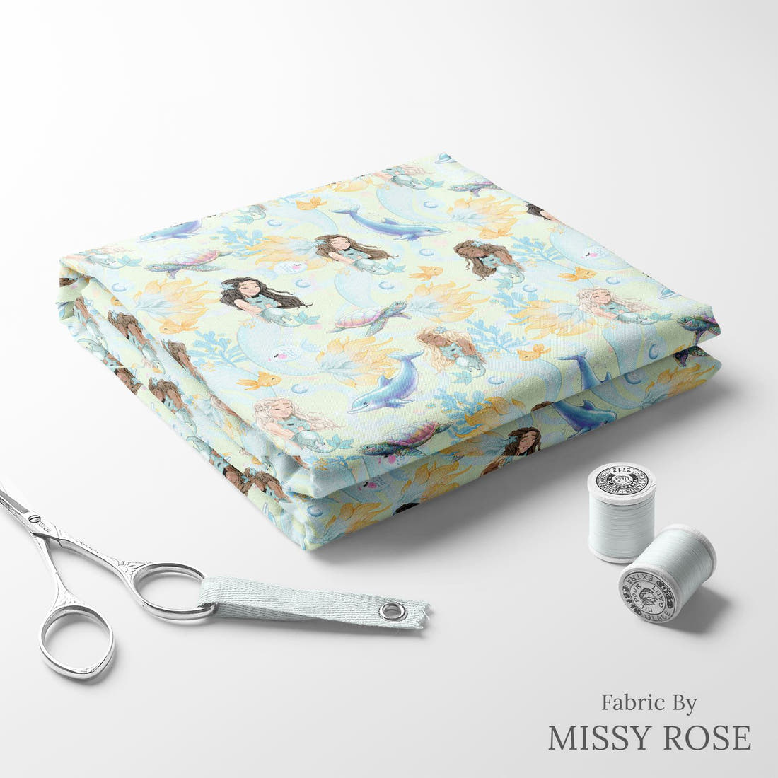 Design 239 Mermaid Fabric folded fabric stack with matching thread – pre-order fabric Australia | Fabric by Missy Rose