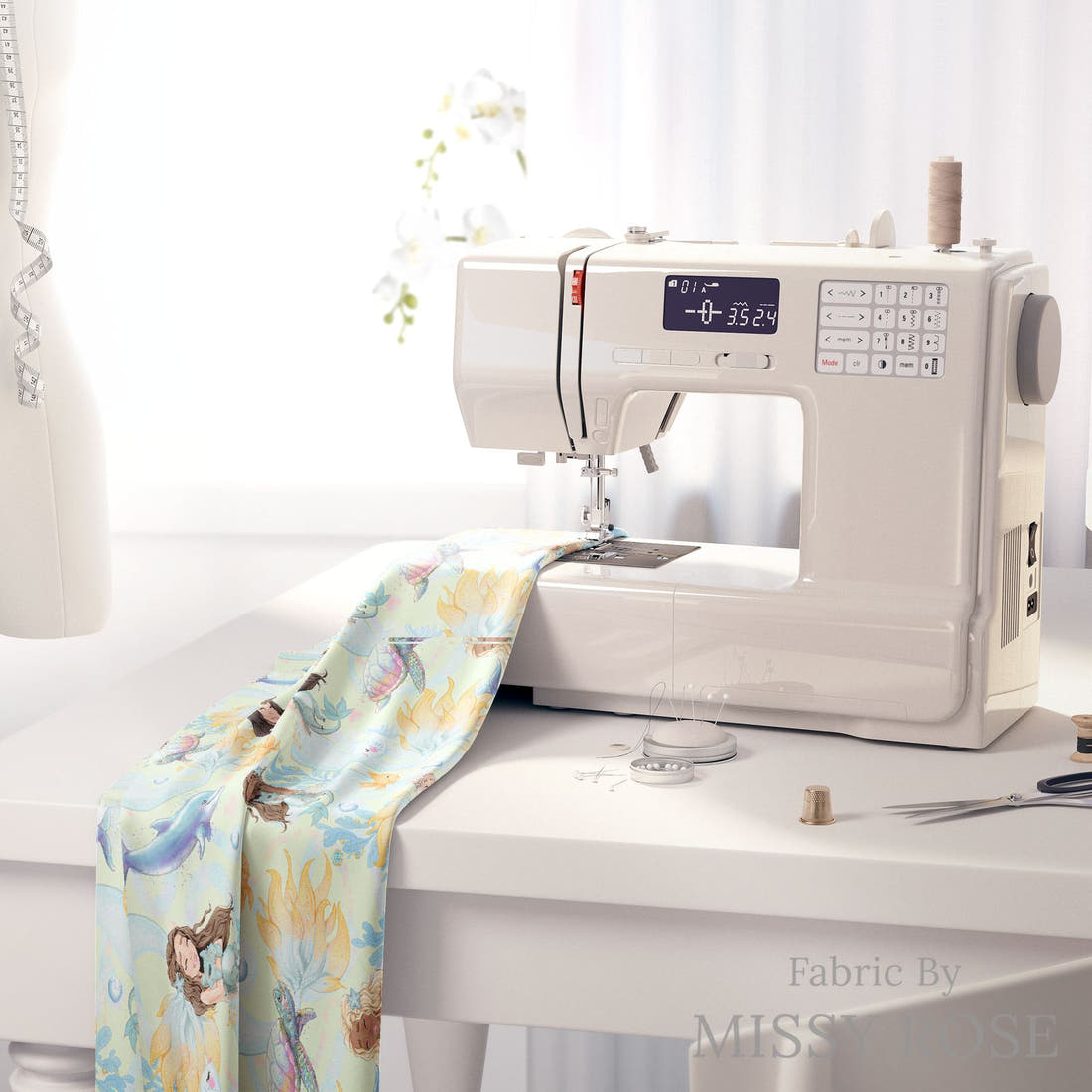 Design 239 Mermaid Fabric on a sewing machine – premium fabric for sewing projects | Fabric by Missy Rose