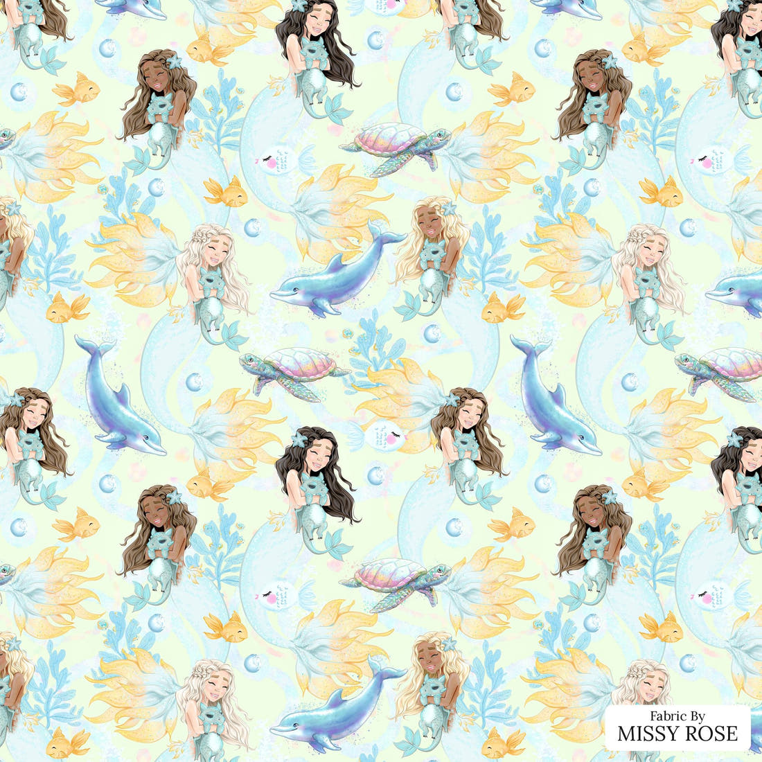 Design 239 Mermaid Fabric - flat view of the print, zoom in for detail | Fabric by Missy Rose
