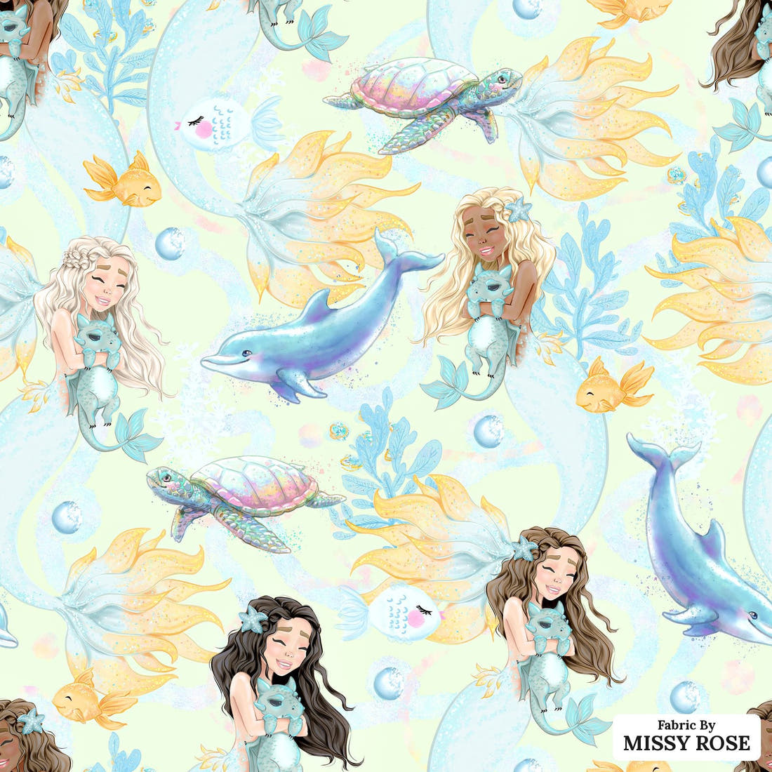 Design 239 Mermaid Fabric - flat view of the print, zoom in for detail | Fabric by Missy Rose