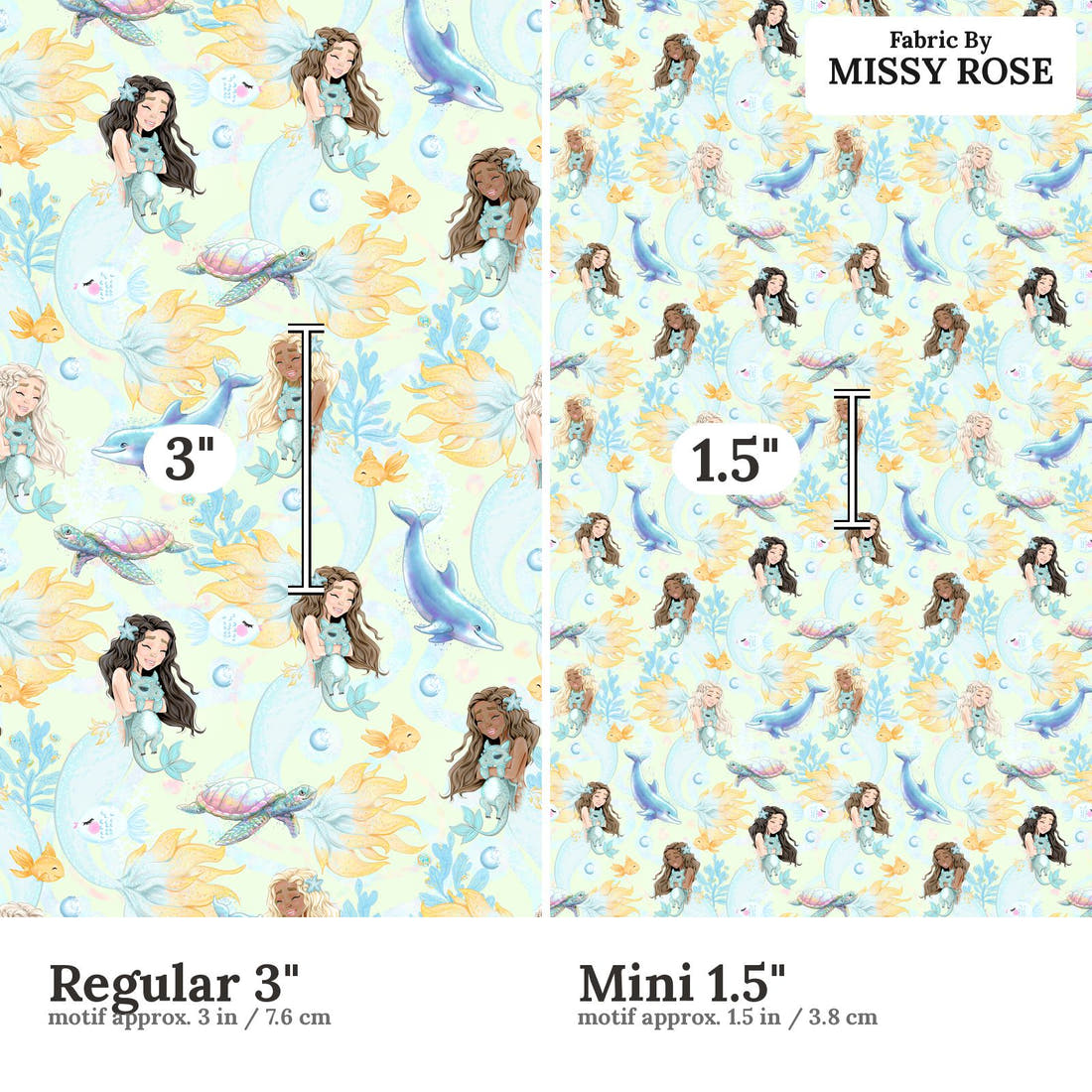 Design 239 Mermaid Fabric size comparison - print scale | Fabric by Missy Rose