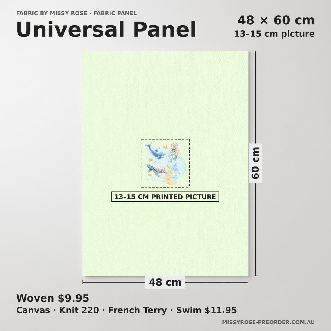 Design 239 Mermaid Panel universal panel sizing – 13–15 cm printed picture on 48 × 60 cm fabric | Fabric by Missy Rose