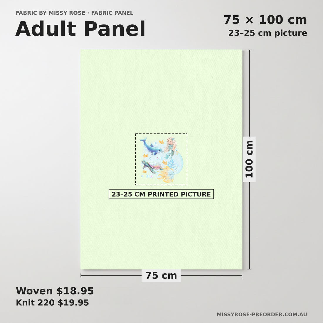 Design 239 Mermaid Panel adult panel sizing – 23–25 cm printed picture on 75 × 100 cm fabric | Fabric by Missy Rose