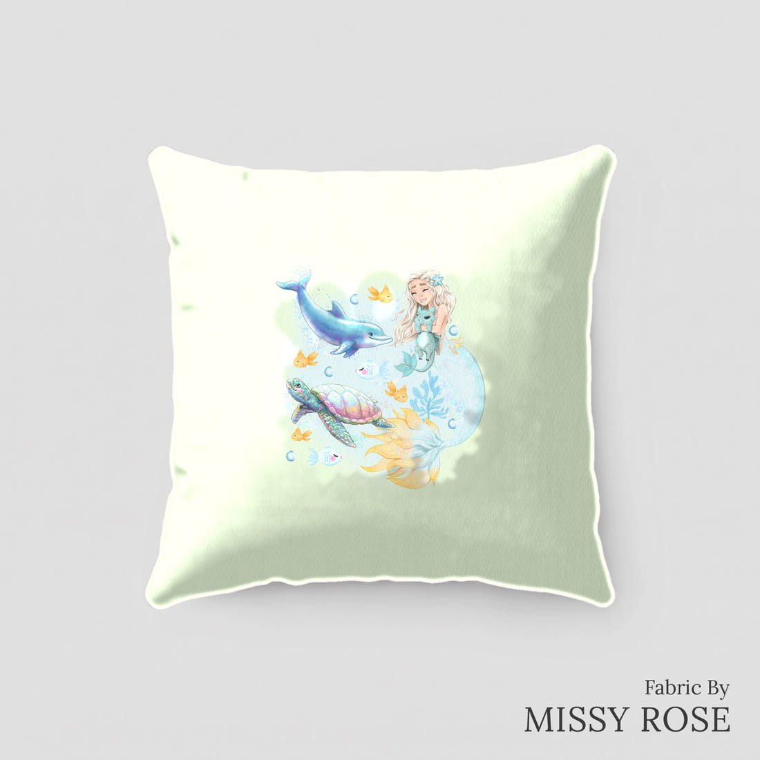 Design 239 Mermaid Panel sewn into a cushion – see how the panel looks made up | Fabric by Missy Rose