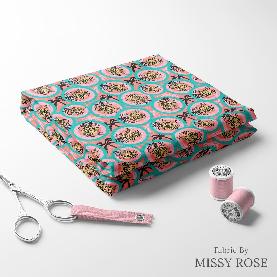 Design 24 Beach Fabric folded fabric stack with matching thread – pre-order fabric Australia | Fabric by Missy Rose