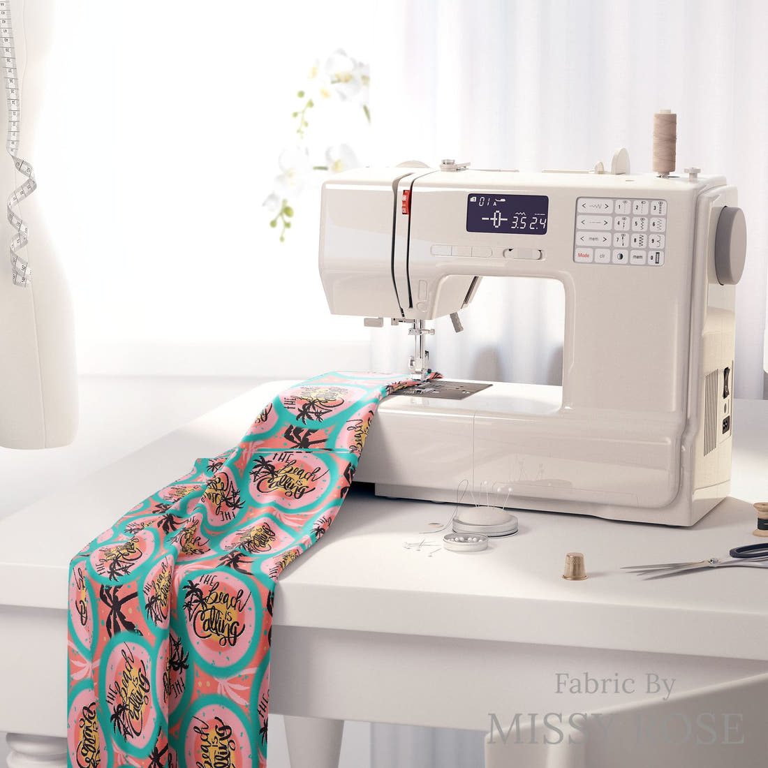 Design 24 Beach Fabric on a sewing machine – premium fabric for sewing projects | Fabric by Missy Rose