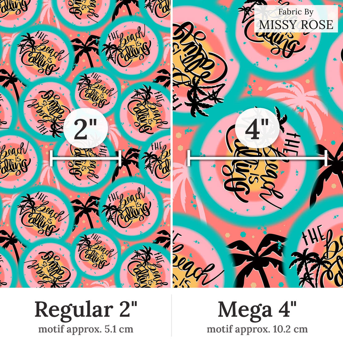Design 24 Beach Fabric Regular 2 inch vs Mega 4 inch print scale side by side | Fabric by Missy Rose