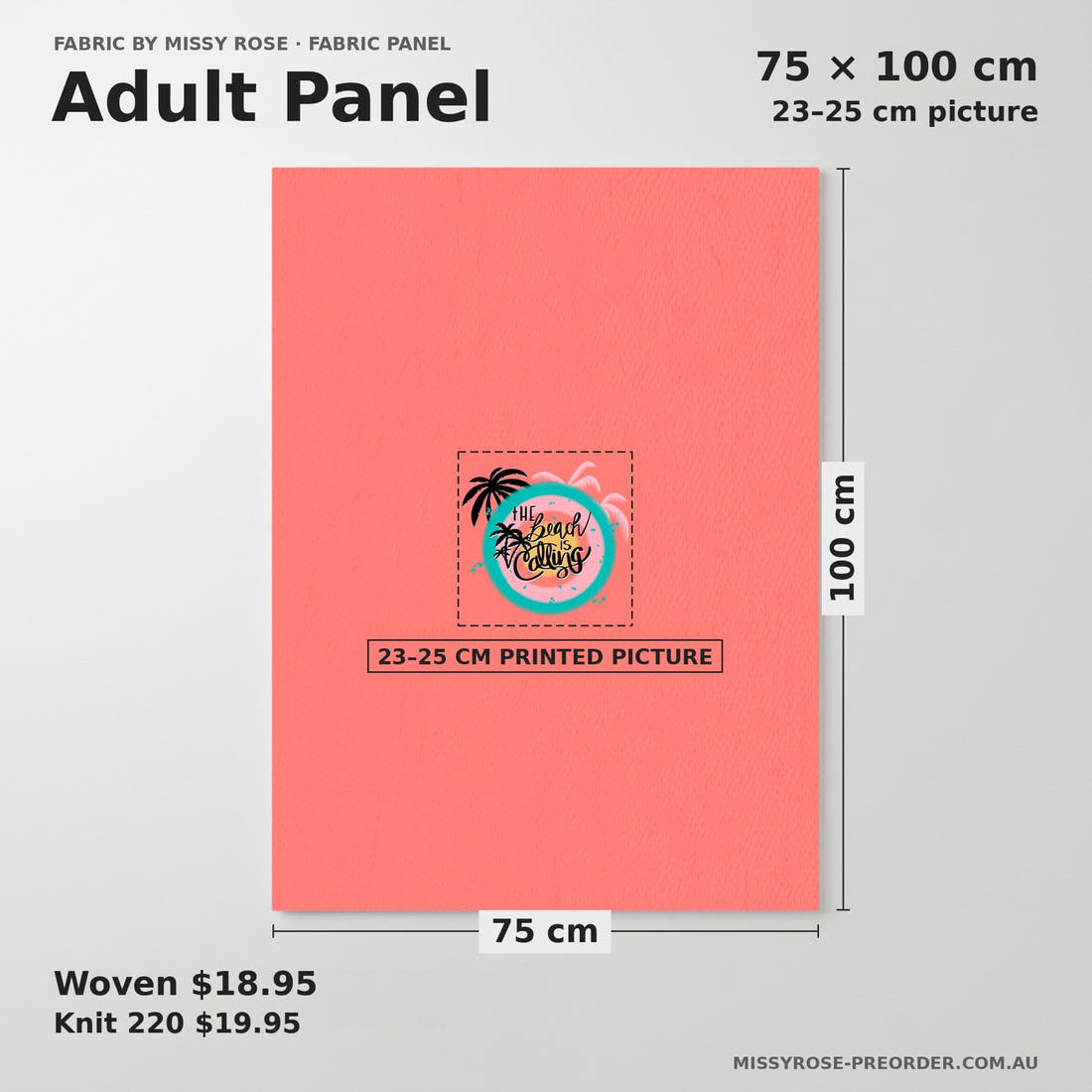Design 24 Beach Panel adult panel sizing – 23–25 cm printed picture on 75 × 100 cm fabric | Fabric by Missy Rose
