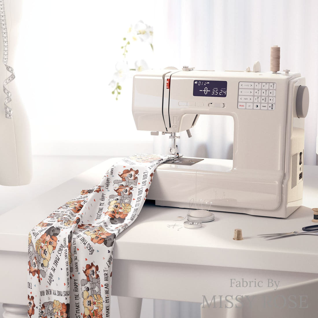 Design 240 Dogs Fabric on a sewing machine – premium fabric for sewing projects | Fabric by Missy Rose
