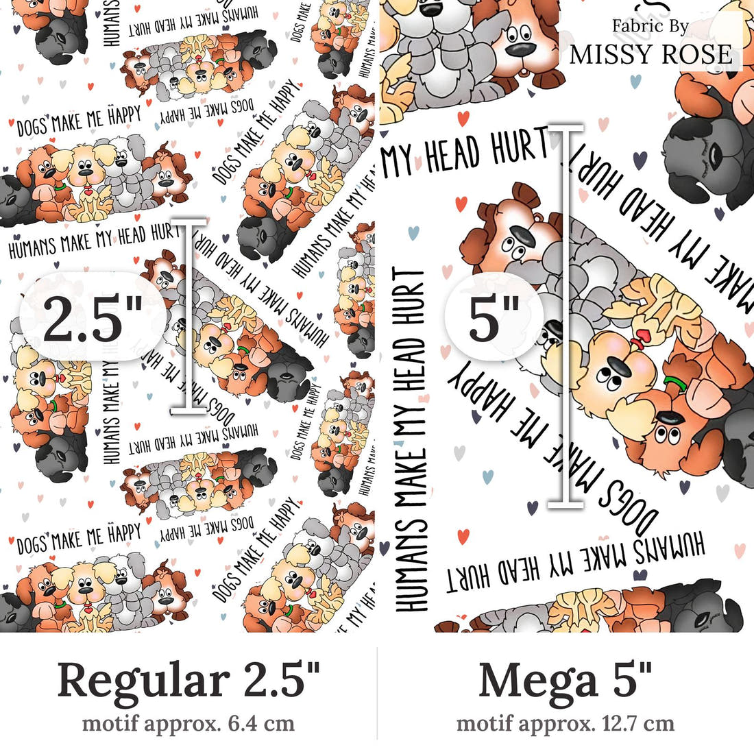 Design 240 Dogs Fabric Regular 2.5 inch vs Mega 5 inch print scale side by side | Fabric by Missy Rose