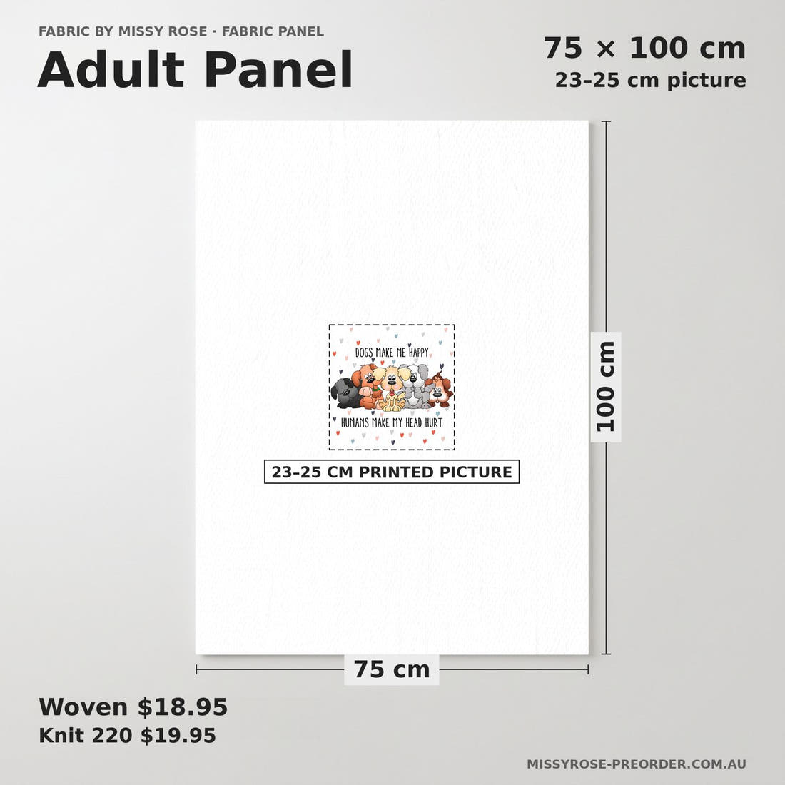 Design 240 Dogs Panel adult panel sizing – 23–25 cm printed picture on 75 × 100 cm fabric | Fabric by Missy Rose