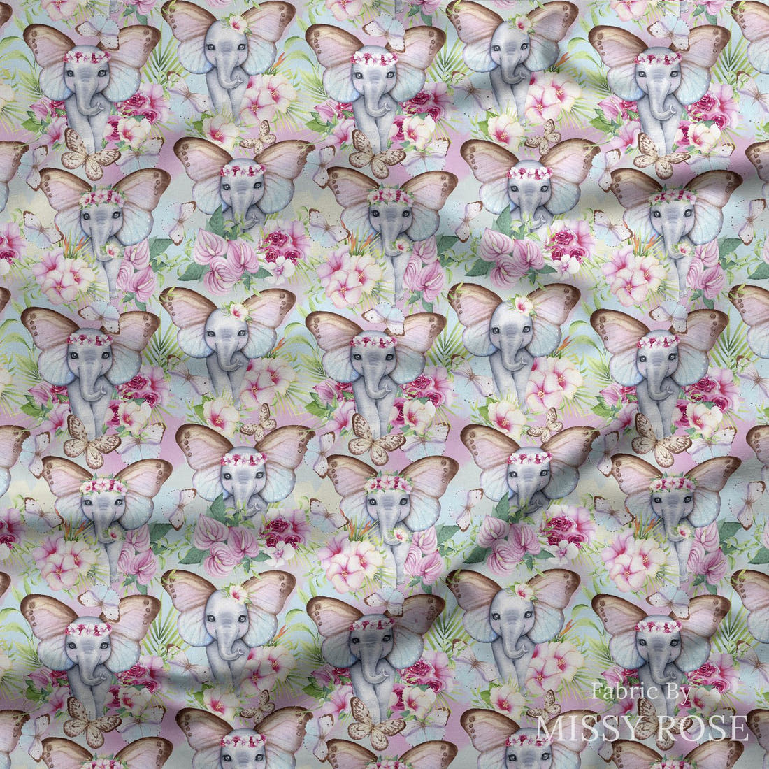 Design 241 Floral Elephant Fabric draped fabric mockup – custom printed fabric by the metre | Fabric by Missy Rose
