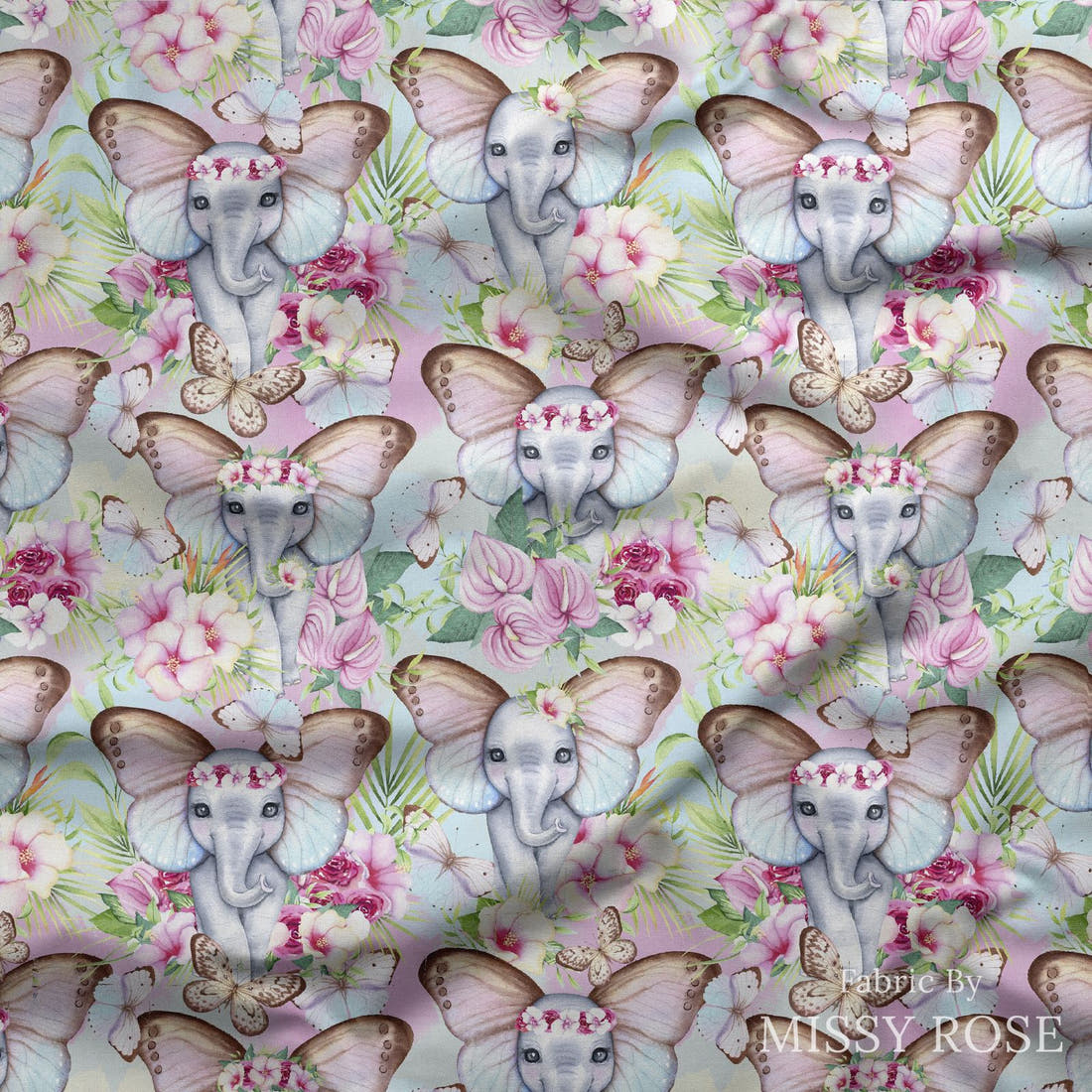 Design 241 Floral Elephant Fabric draped fabric mockup – custom printed fabric by the metre | Fabric by Missy Rose