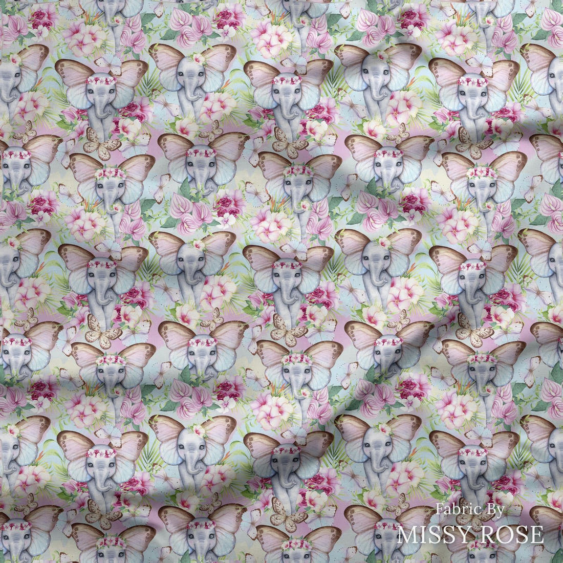 Design 241 Floral Elephant Fabric draped fabric mockup – custom printed fabric by the metre | Fabric by Missy Rose