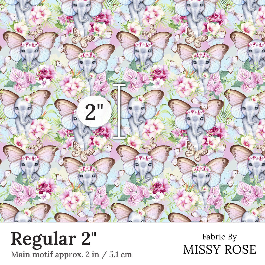 Design 241 Floral Elephant Fabric Regular 2 inch print scale guide | Fabric by Missy Rose