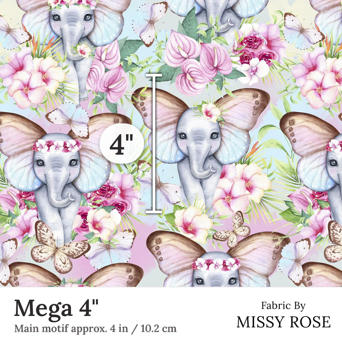 Design 241 Floral Elephant Fabric Mega 4 inch print scale guide | Fabric by Missy Rose