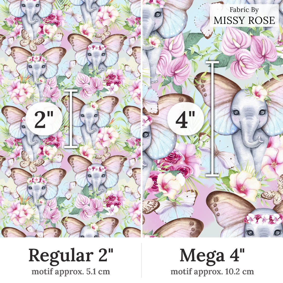 Design 241 Floral Elephant Fabric Regular 2 inch vs Mega 4 inch print scale side by side | Fabric by Missy Rose