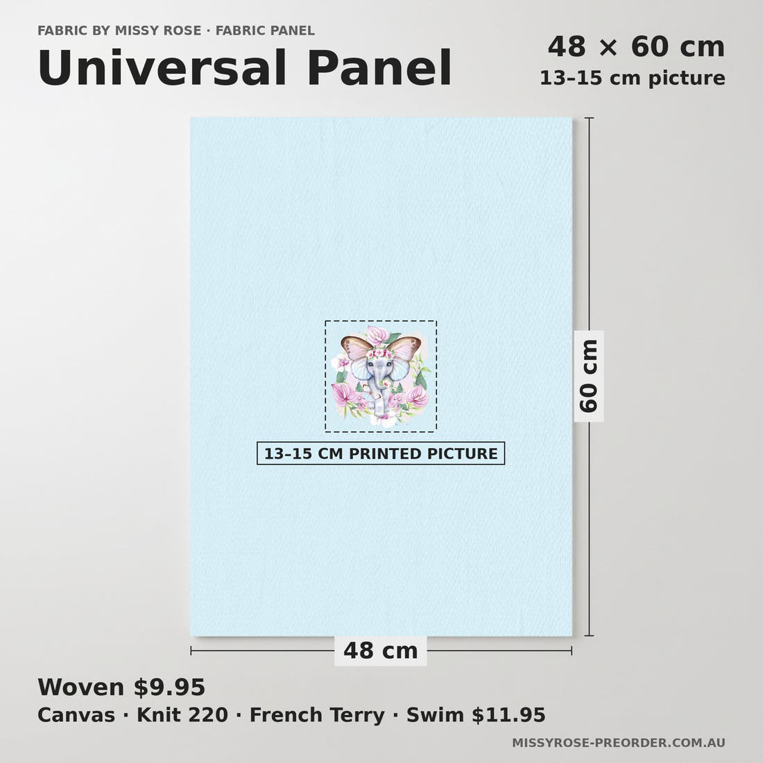 Design 241 Floral Elephant Panel universal panel sizing – 13–15 cm printed picture on 48 × 60 cm fabric | Fabric by Missy Rose