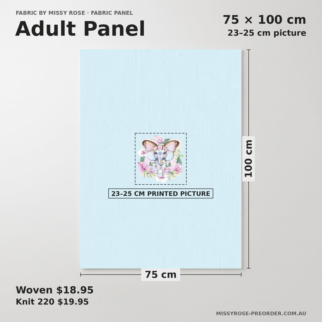 Design 241 Floral Elephant Panel adult panel sizing – 23–25 cm printed picture on 75 × 100 cm fabric | Fabric by Missy Rose