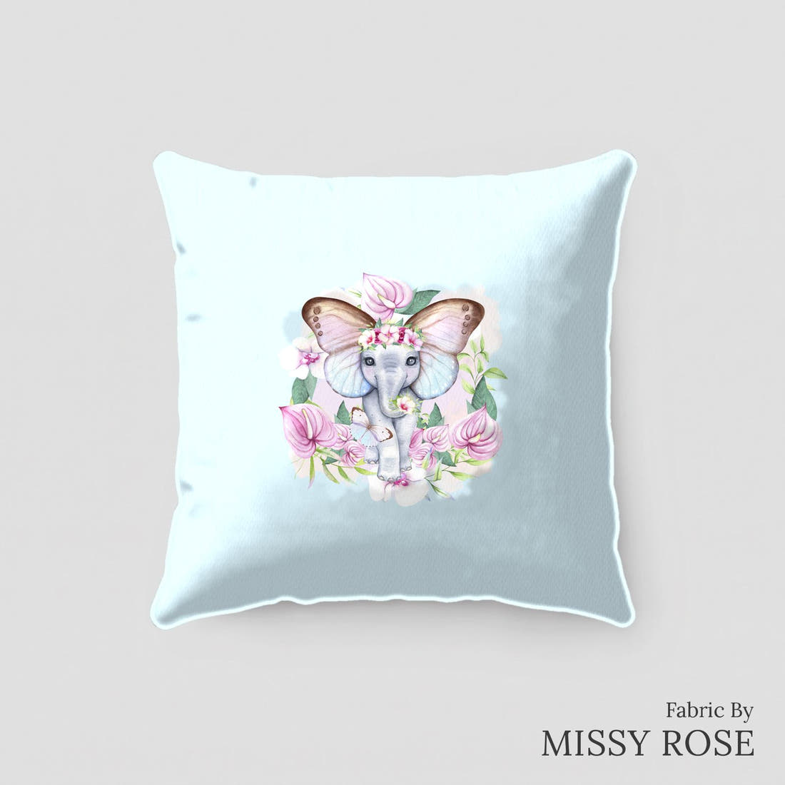 Design 241 Floral Elephant Panel sewn into a cushion – see how the panel looks made up | Fabric by Missy Rose