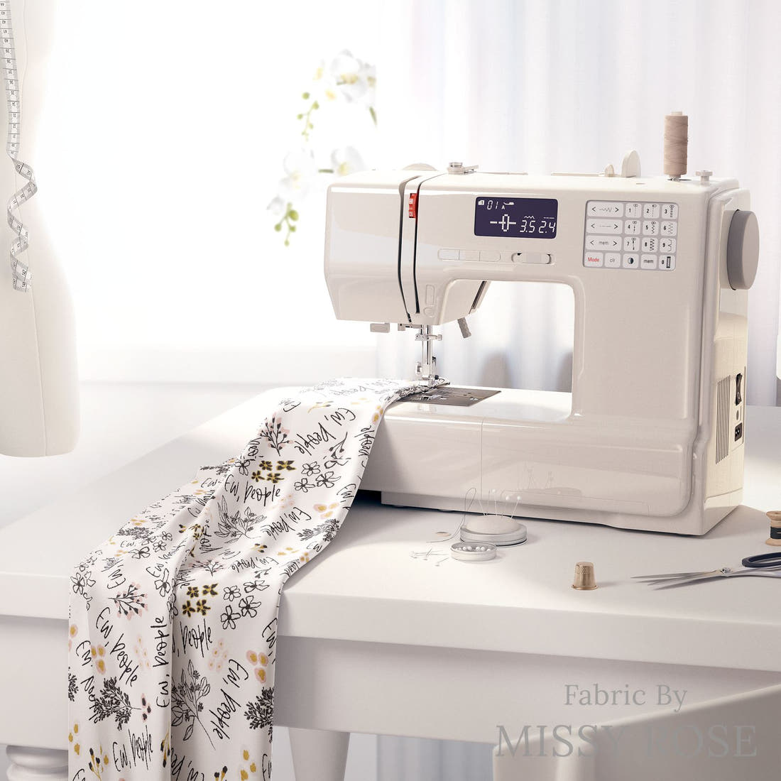 Design 242 Ew People Fabric on a sewing machine – premium fabric for sewing projects | Fabric by Missy Rose