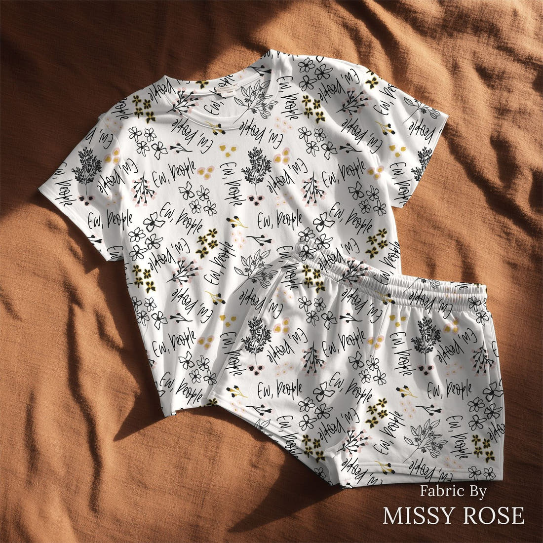 Design 242 Ew People Fabric sewn into a lounge set – see how the print looks made up | Fabric by Missy Rose