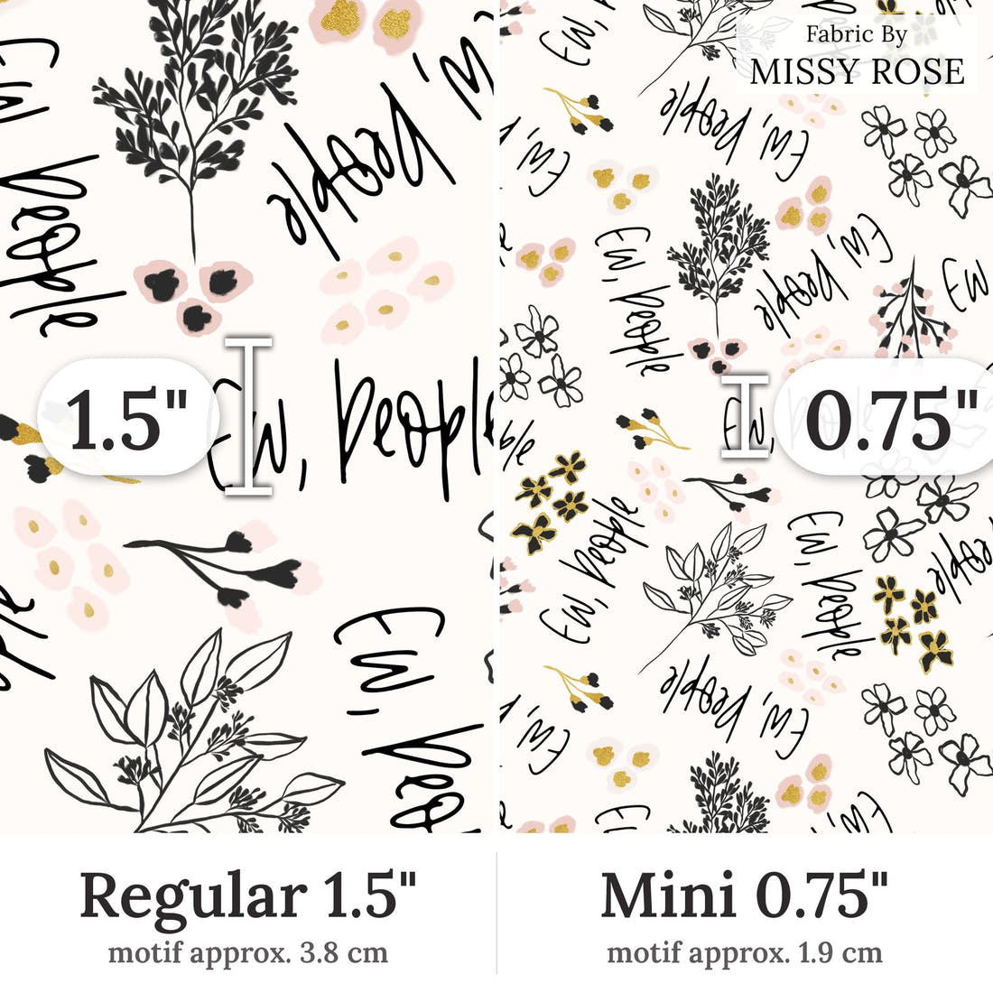 Design 242 Ew People Fabric Regular 1.5 inch vs Mini 0.75 inch print scale side by side | Fabric by Missy Rose