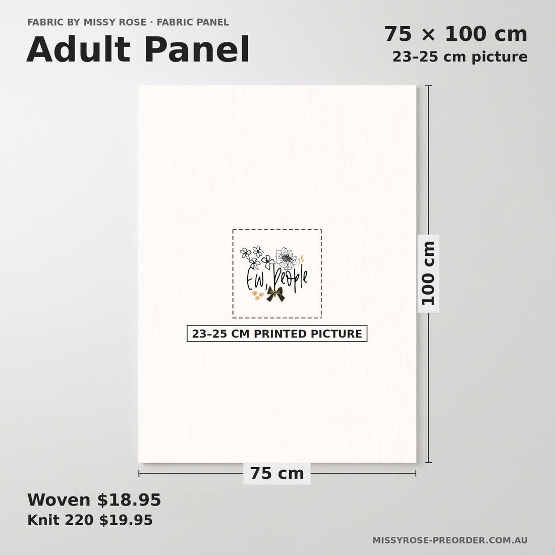 Design 242 Ew People Panel adult panel sizing – 23–25 cm printed picture on 75 × 100 cm fabric | Fabric by Missy Rose