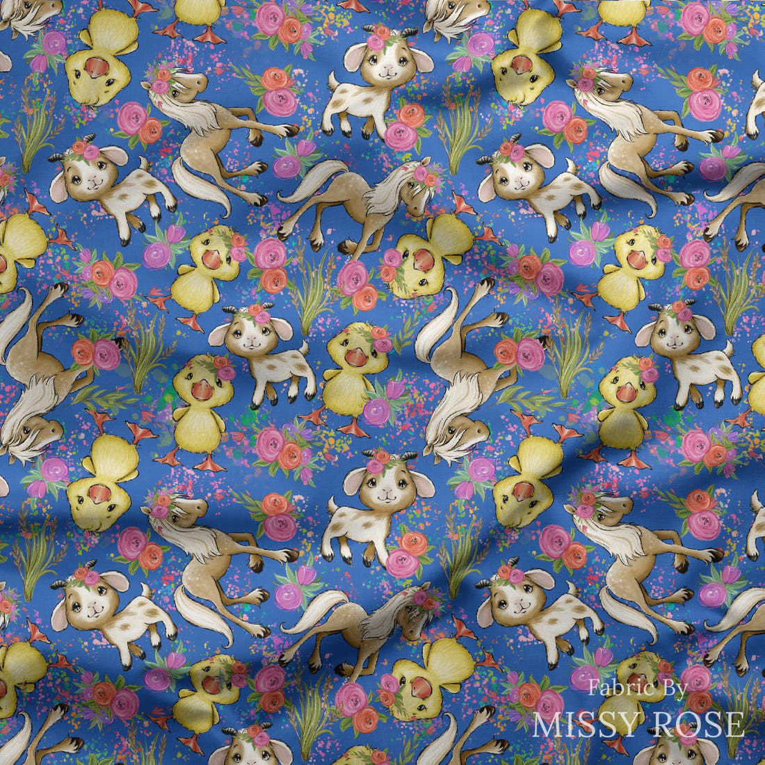 Design 243 Blue Floral Farm Fabric draped fabric mockup – custom printed fabric by the metre | Fabric by Missy Rose
