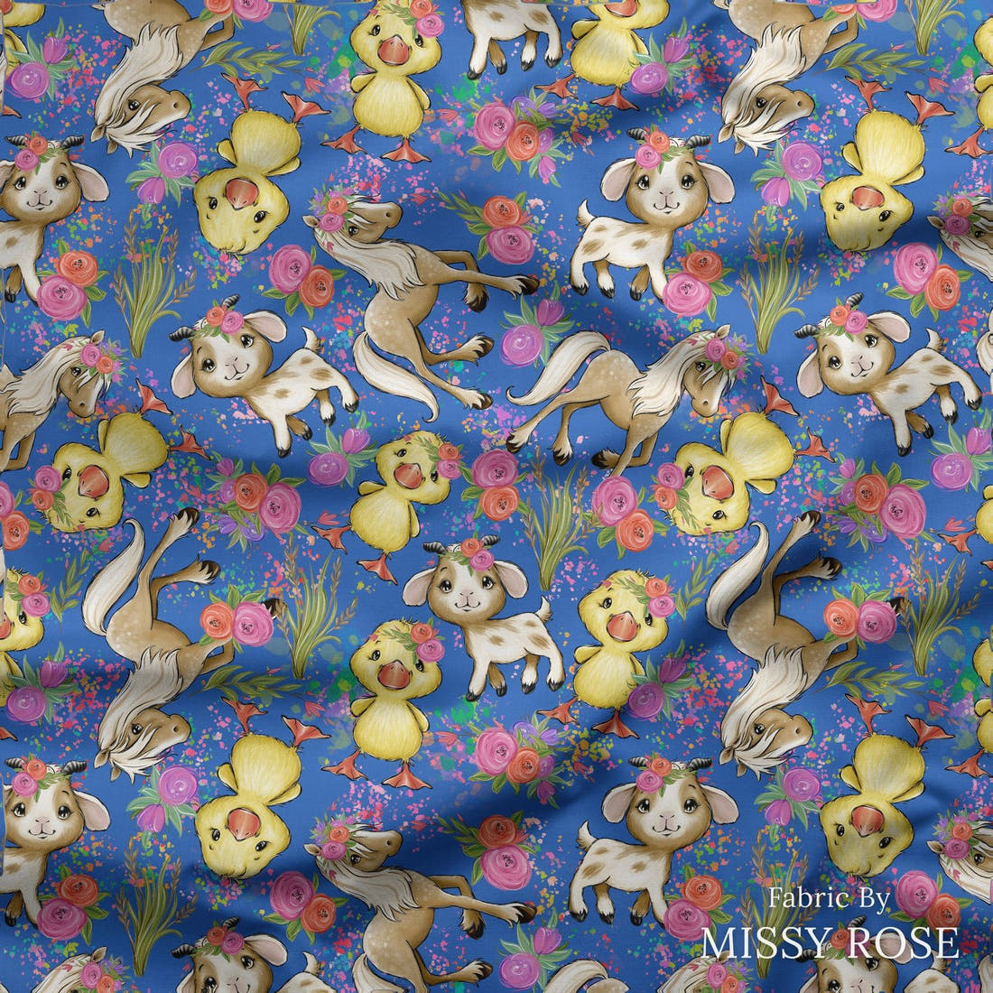 Design 243 Blue Floral Farm Fabric draped fabric mockup – custom printed fabric by the metre | Fabric by Missy Rose