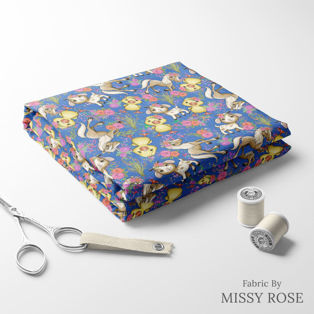 Design 243 Blue Floral Farm Fabric folded fabric stack with matching thread – pre-order fabric Australia | Fabric by Missy Rose