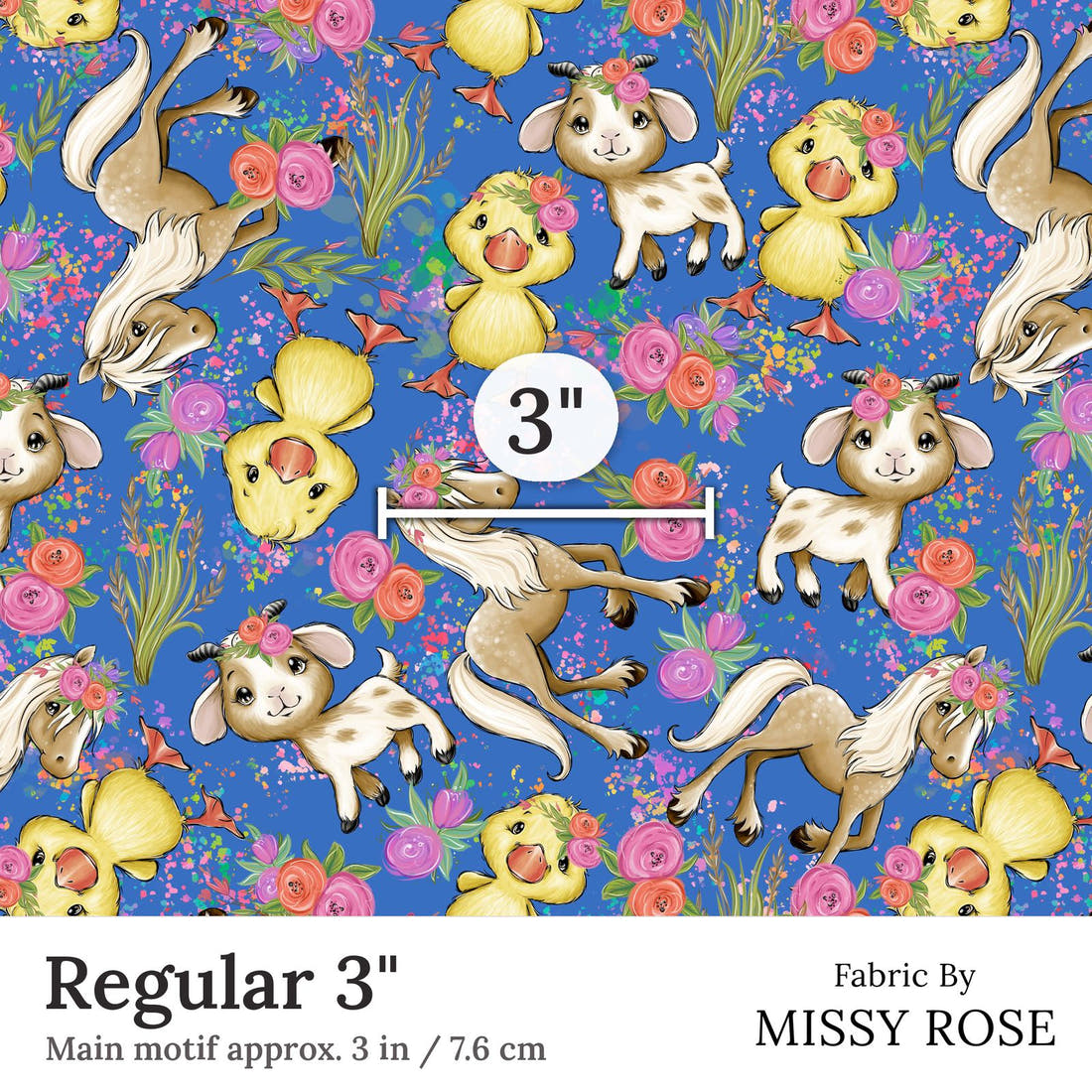 Design 243 Blue Floral Farm Fabric Regular 3 inch print scale guide | Fabric by Missy Rose