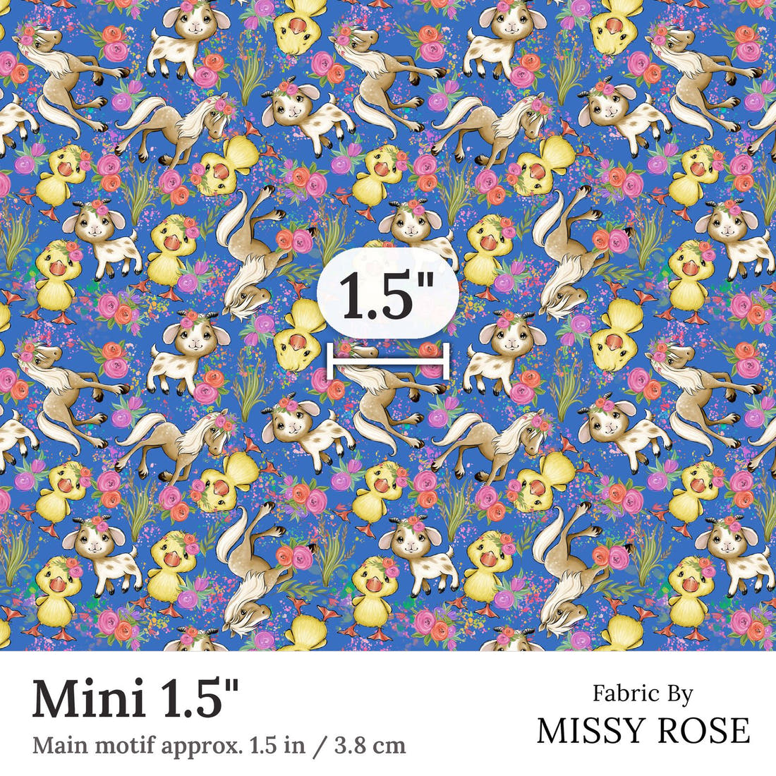 Design 243 Blue Floral Farm Fabric Mini 1.5 inch print scale guide | Fabric by Missy Rose