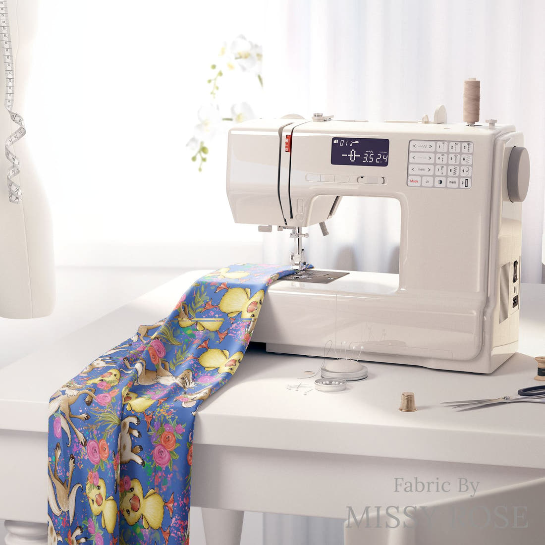 Design 243 Blue Floral Farm Fabric on a sewing machine – premium fabric for sewing projects | Fabric by Missy Rose