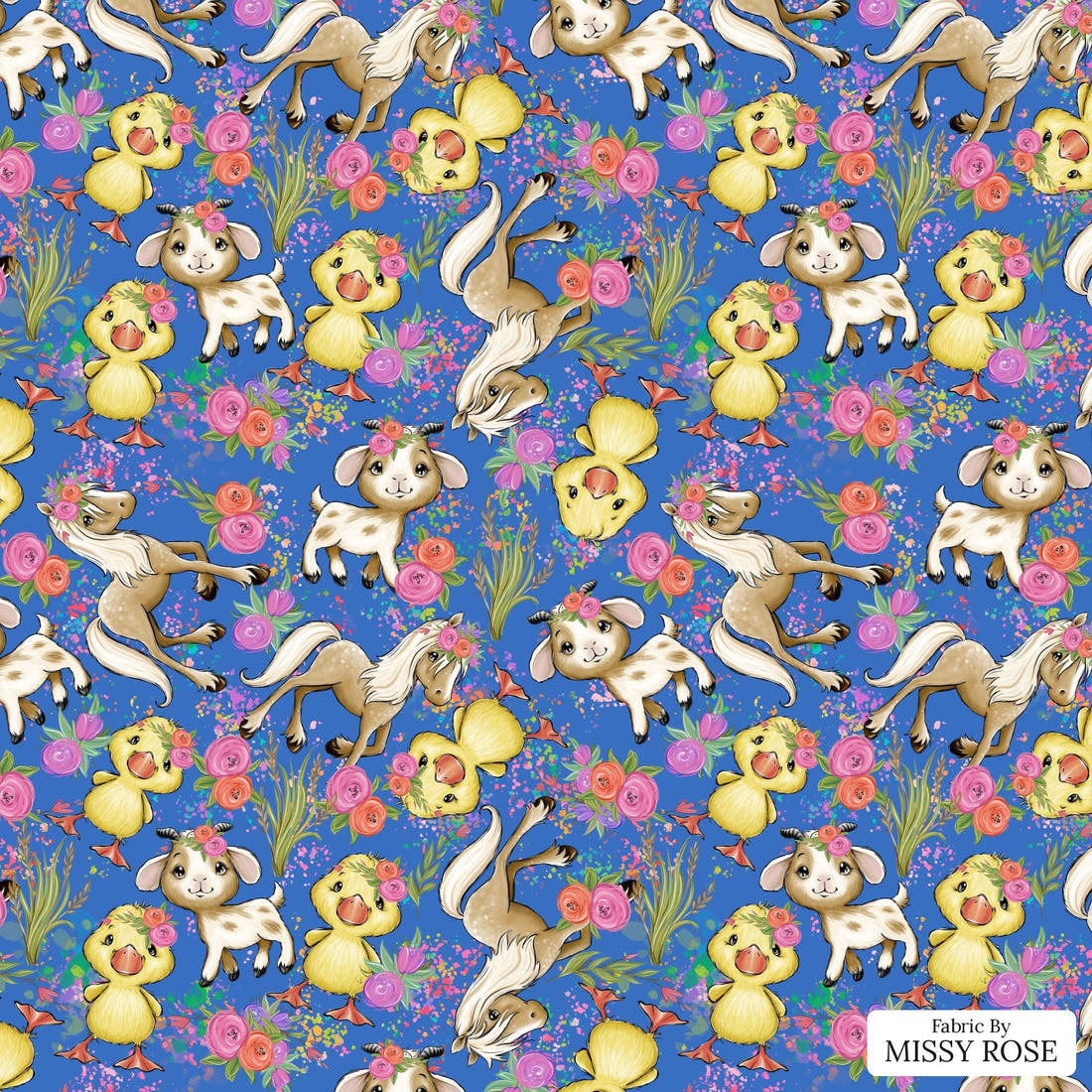 Design 243 Blue Floral Farm Fabric - flat view of the print, zoom in for detail | Fabric by Missy Rose
