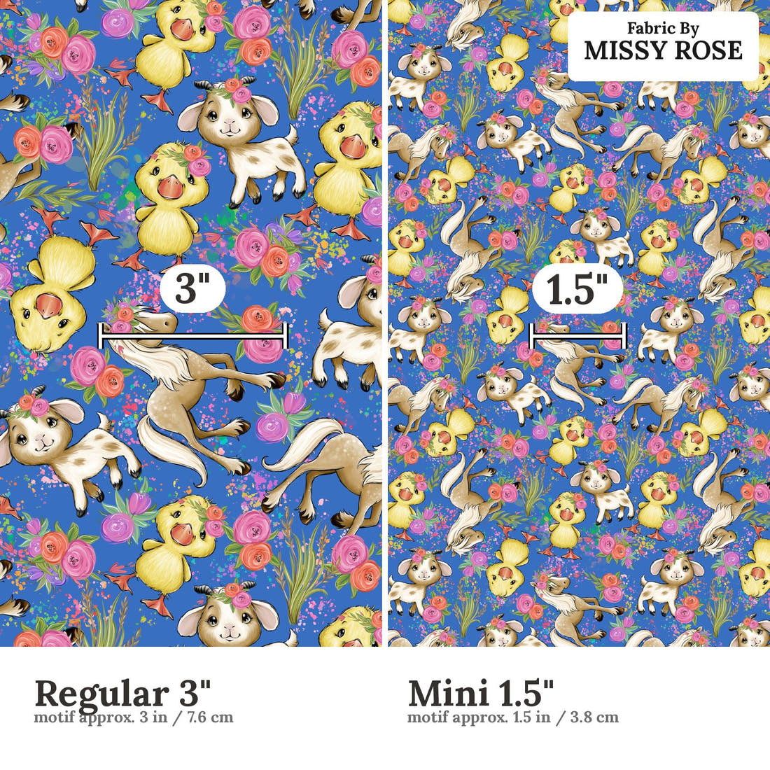 Design 243 Blue Floral Farm Fabric size comparison - print scale | Fabric by Missy Rose