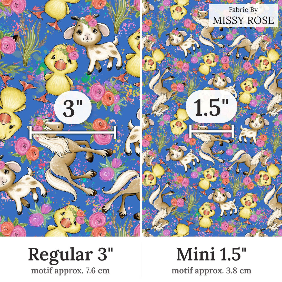 Design 243 Blue Floral Farm Fabric Regular 3 inch vs Mini 1.5 inch print scale side by side | Fabric by Missy Rose