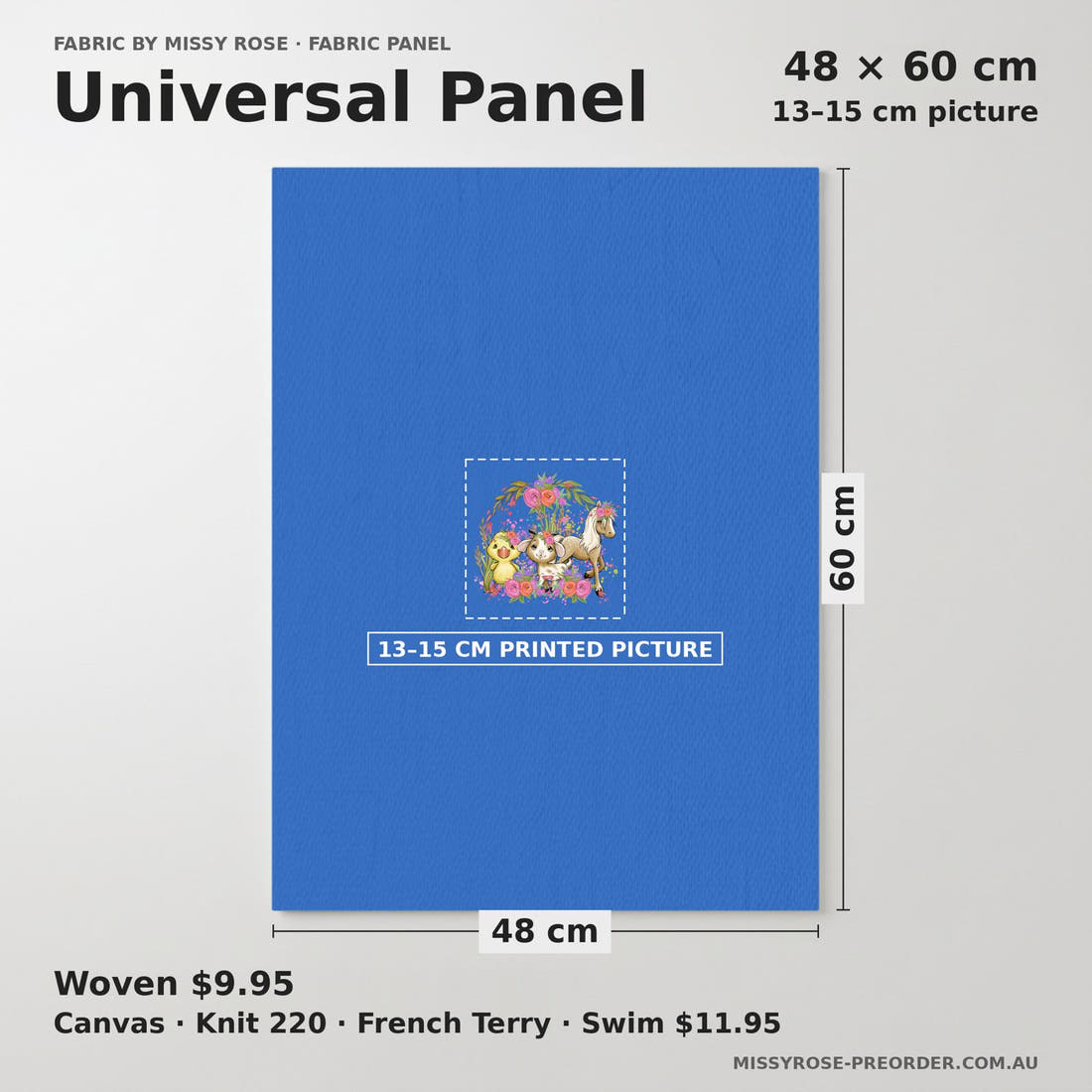 Design 243 Blue Floral Farm Panel universal panel sizing – 13–15 cm printed picture on 48 × 60 cm fabric | Fabric by Missy Rose