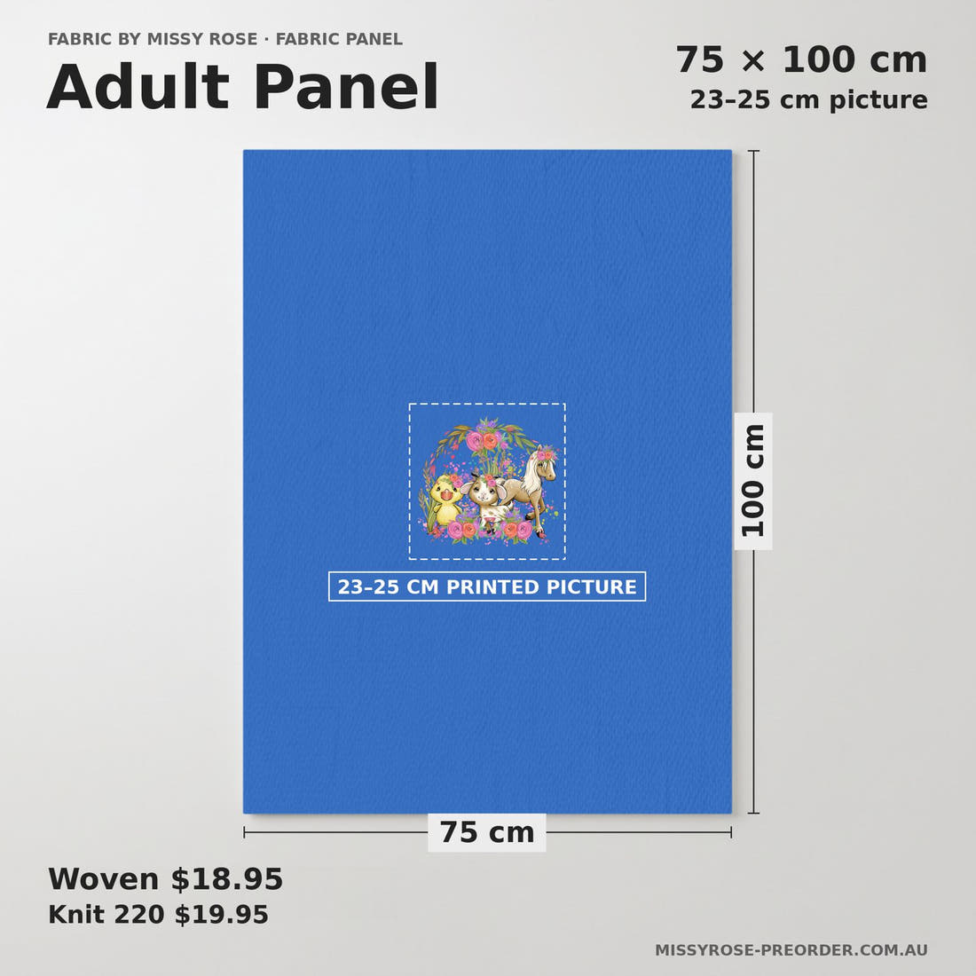 Design 243 Blue Floral Farm Panel adult panel sizing – 23–25 cm printed picture on 75 × 100 cm fabric | Fabric by Missy Rose