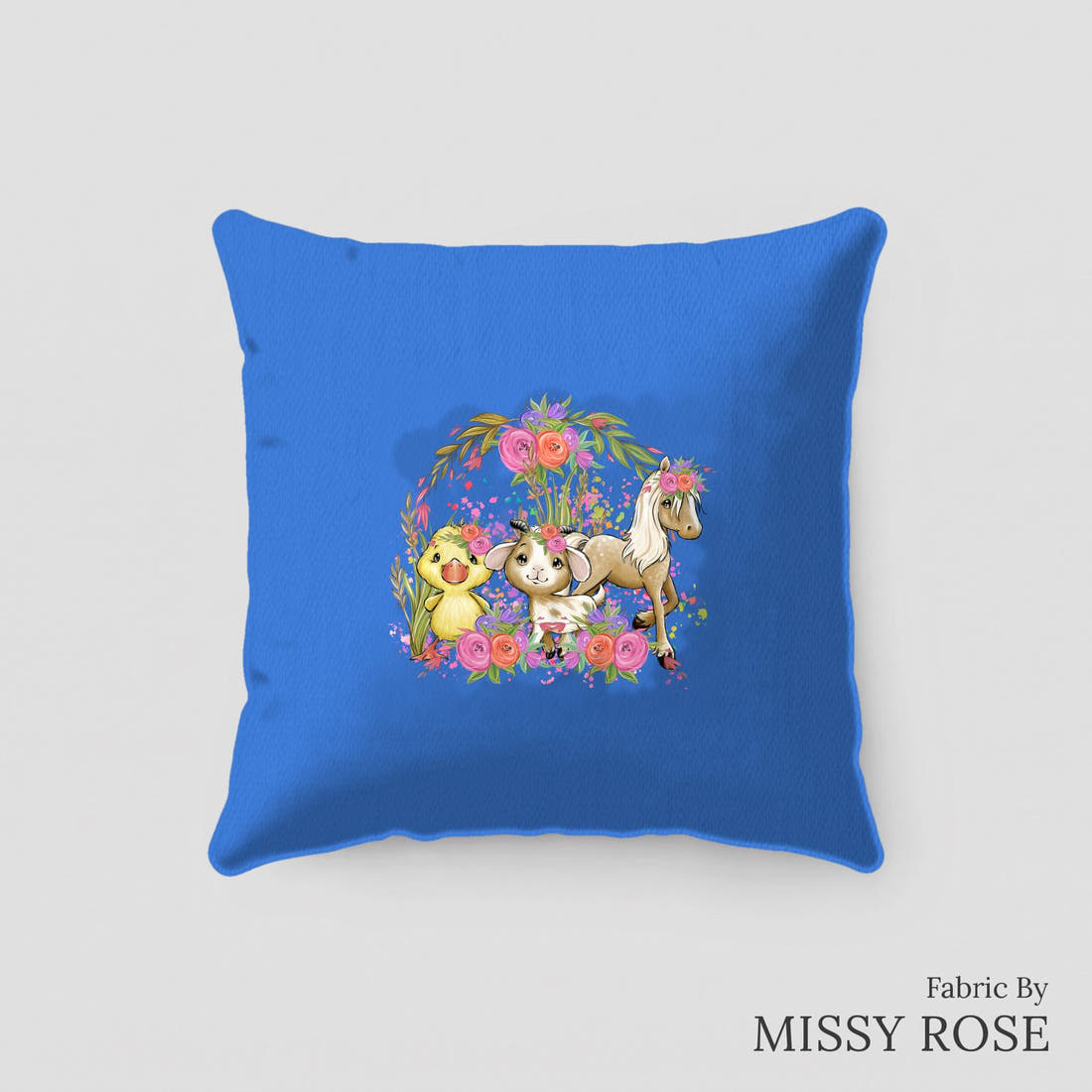 Design 243 Blue Floral Farm Panel sewn into a cushion – see how the panel looks made up | Fabric by Missy Rose